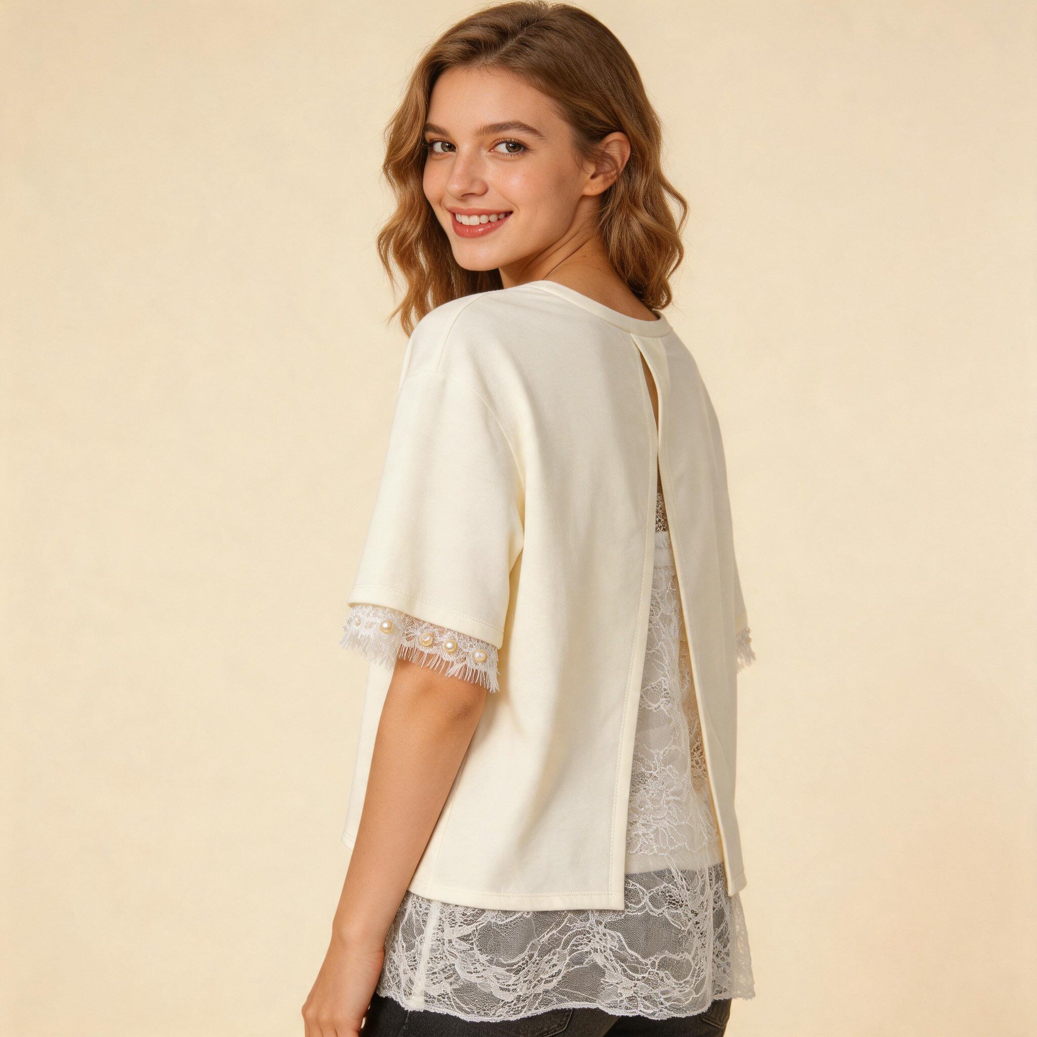 Wholesaler LUISA FASHION - MILANO KNIT TOP WITH BACK SLIT AND LACE LINING