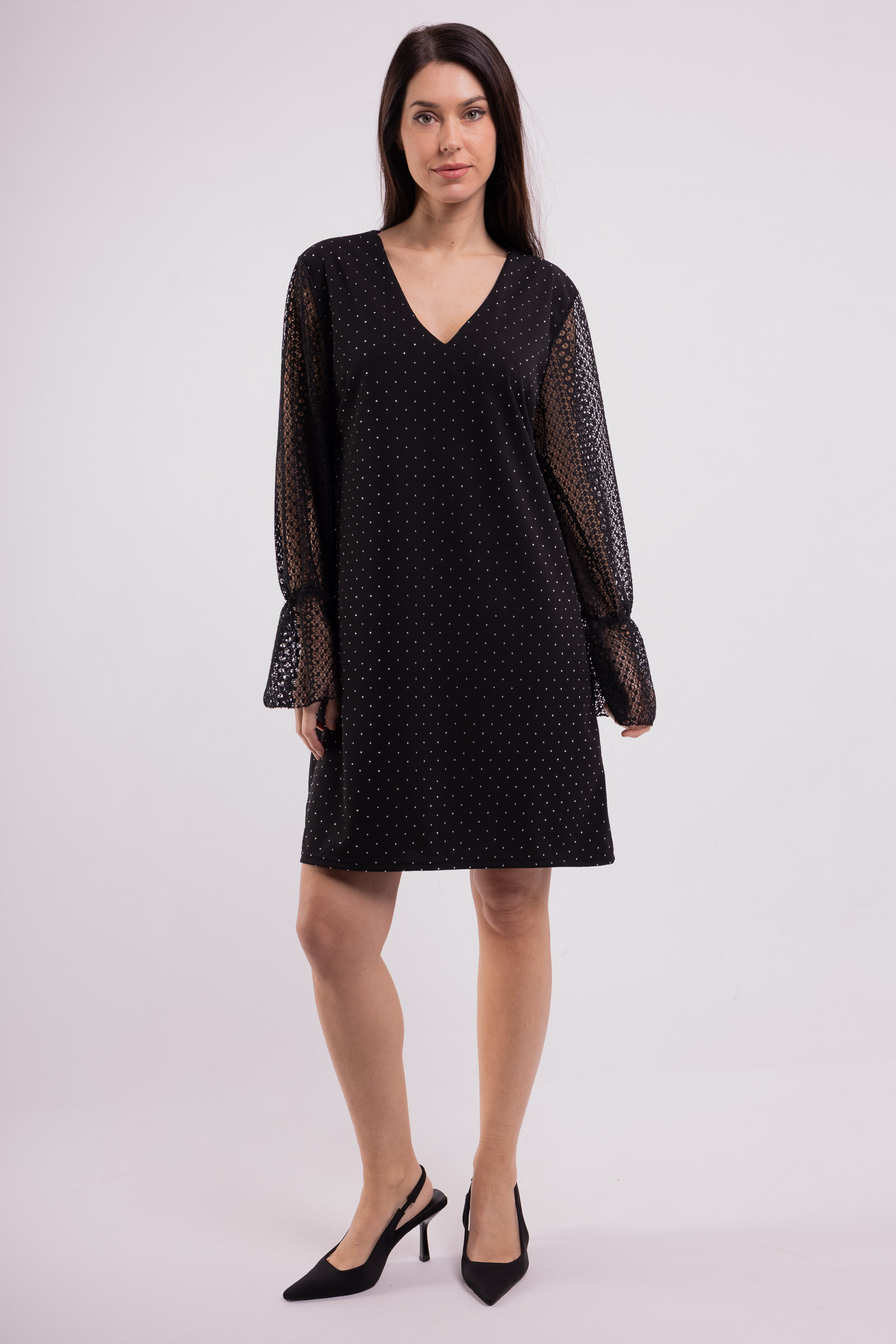 Robe Strasse élégante, manches en dentelle, pour femme, taille unique 36-44. Fabriquée en Italie, parfaite pour le printemps/été, en polyester et élasthanne.