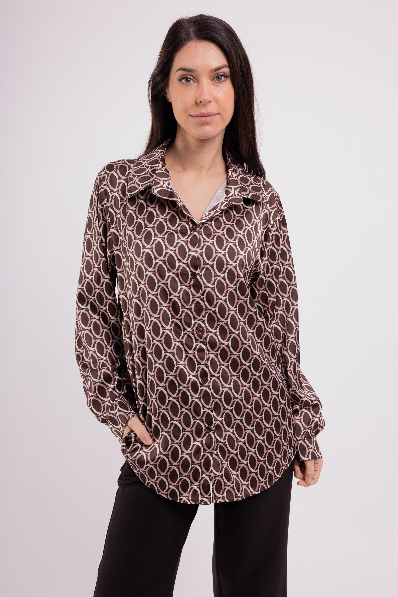 Chemisier en satin italien, 100% polyester, idéal pour automne/hiver, tailles 36-44