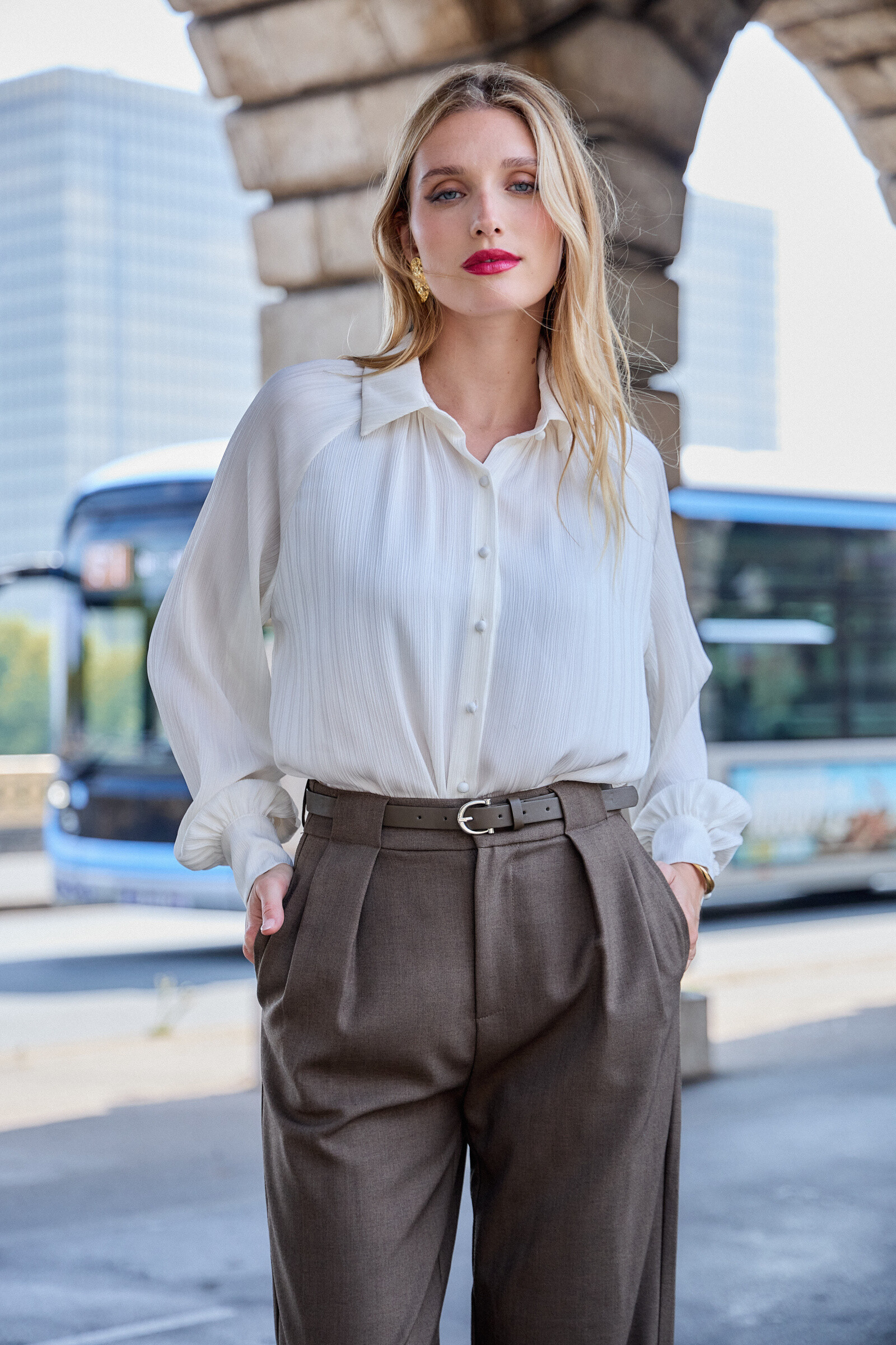 Mayorista Lulumary - Camisa fluida con rayas tono sobre tono