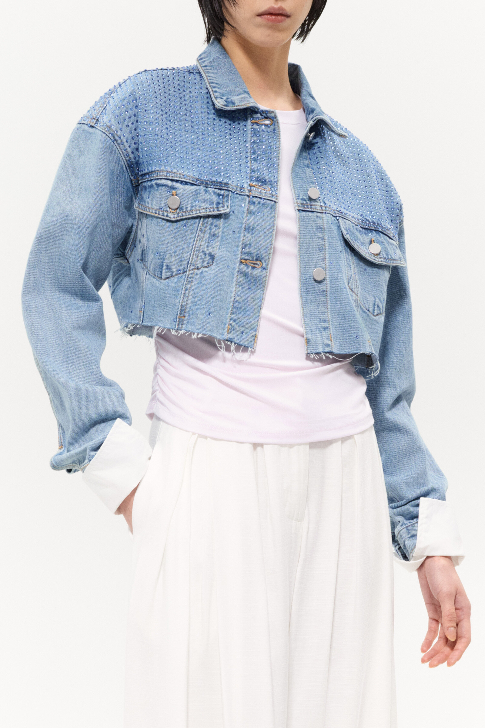 Wholesaler LUMINA - SHORT DENIM JACKET WITH RHINESTONES