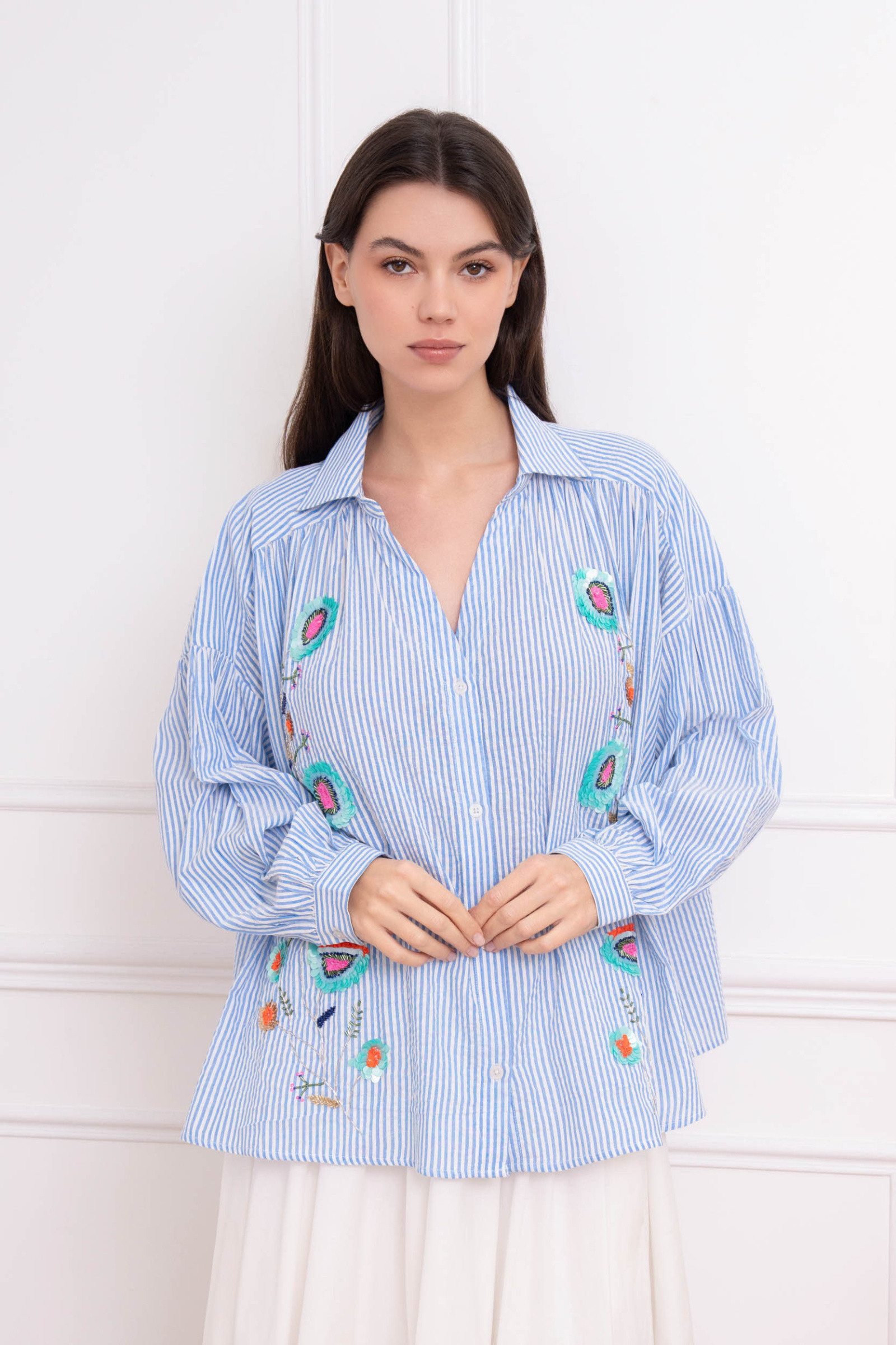 Wholesaler LUMINE - Oversized striped shirt with pearl sequins