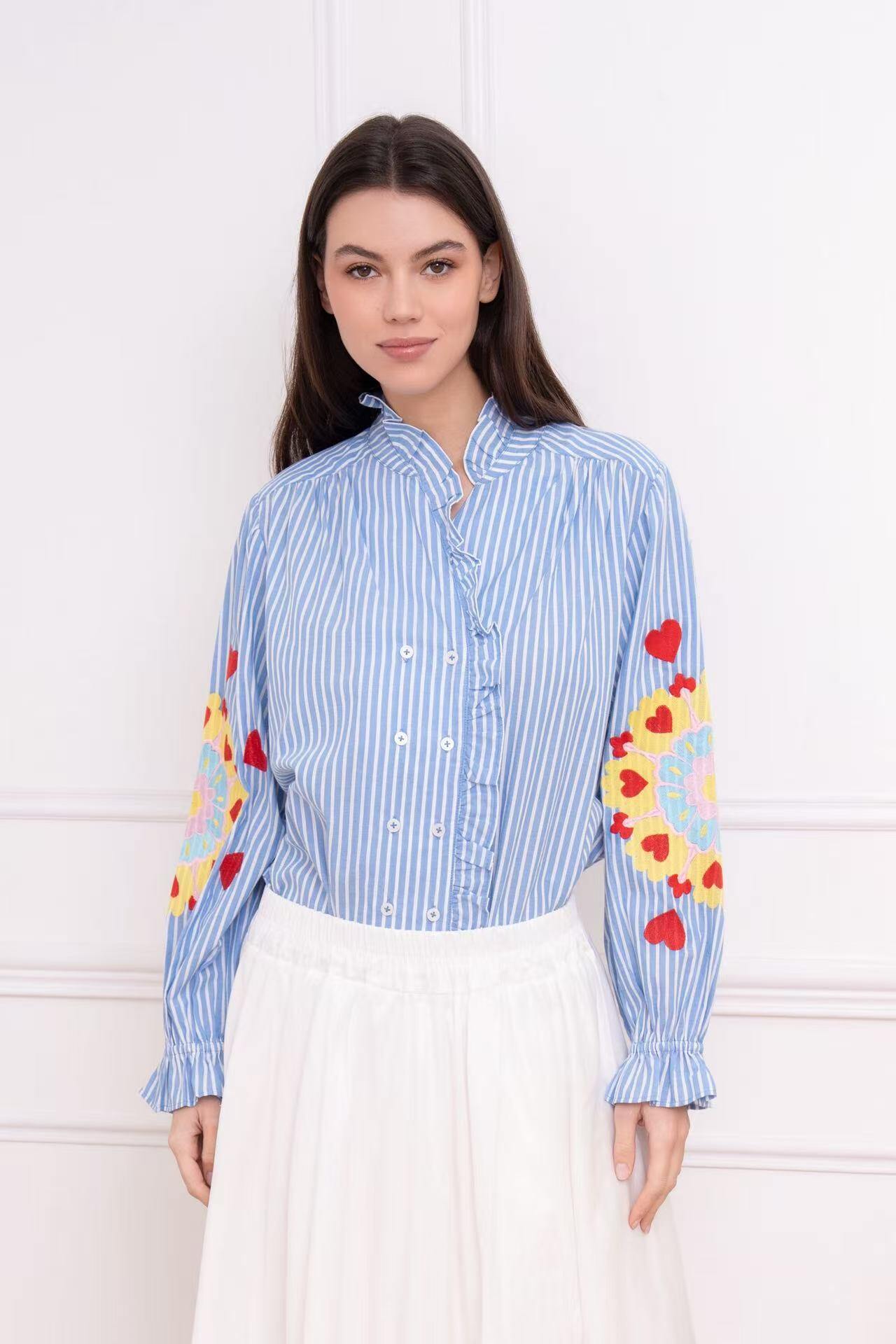 Grossiste LUMINE - Chemise rayure volant brodé