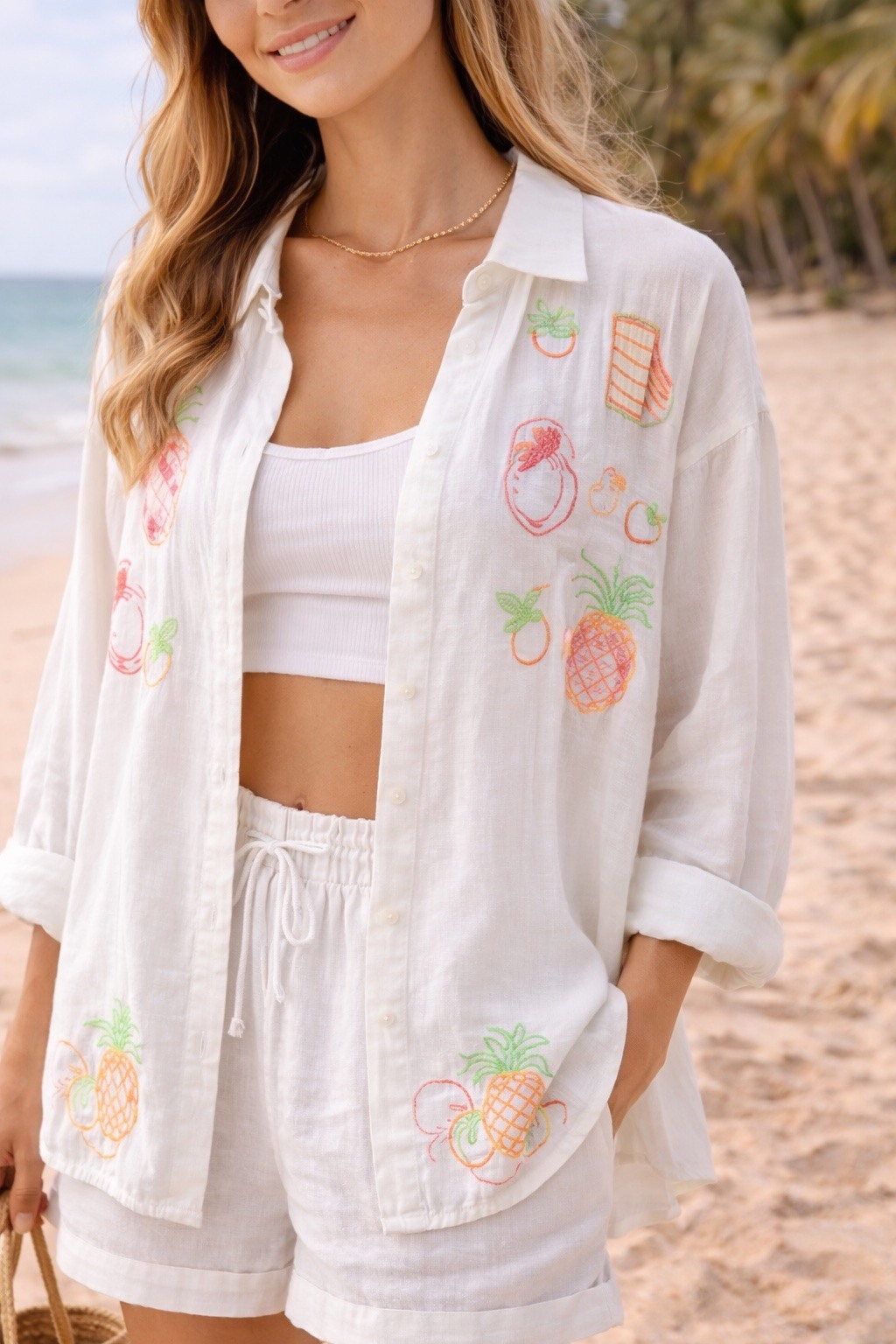 Grossiste LUMINE - Chemise oversize double gaz brodée perle