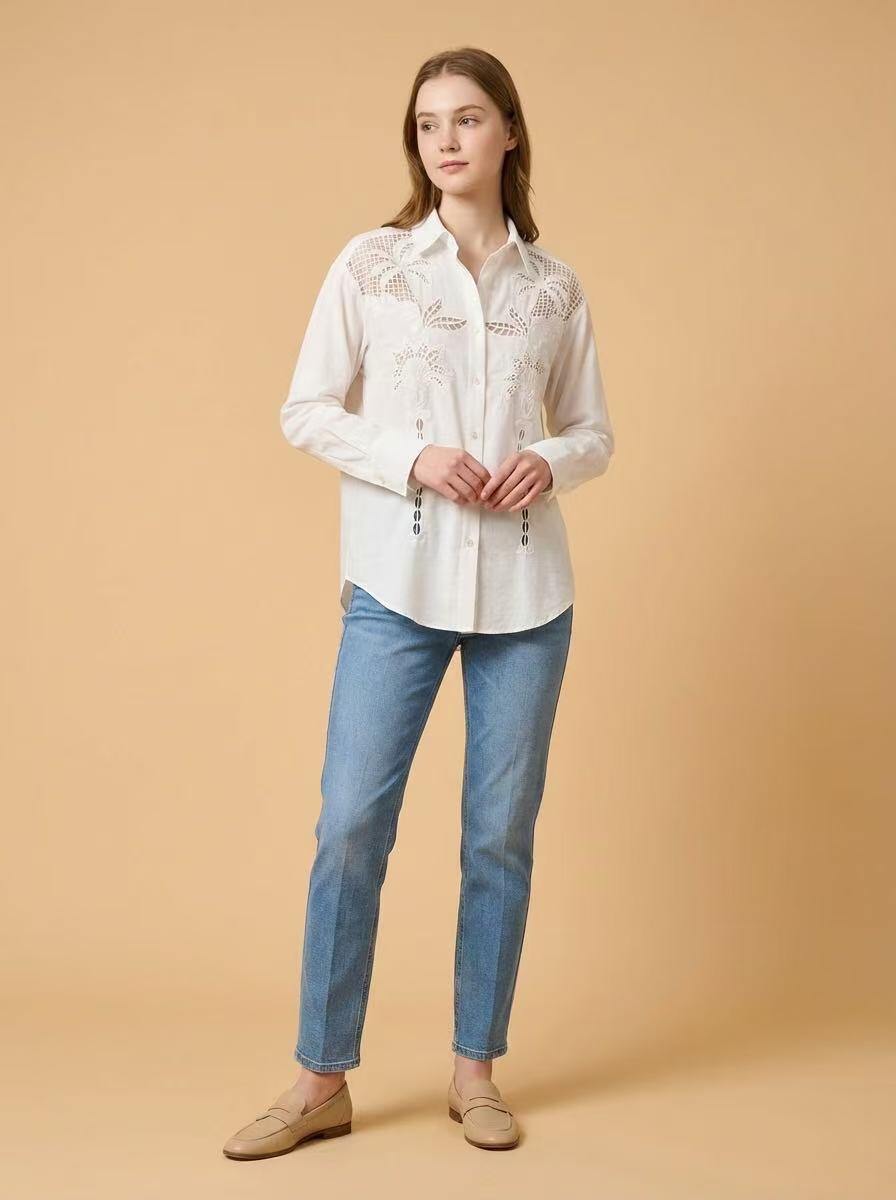 Grossiste LUMINE - Chemise palmier en coton brodée trou