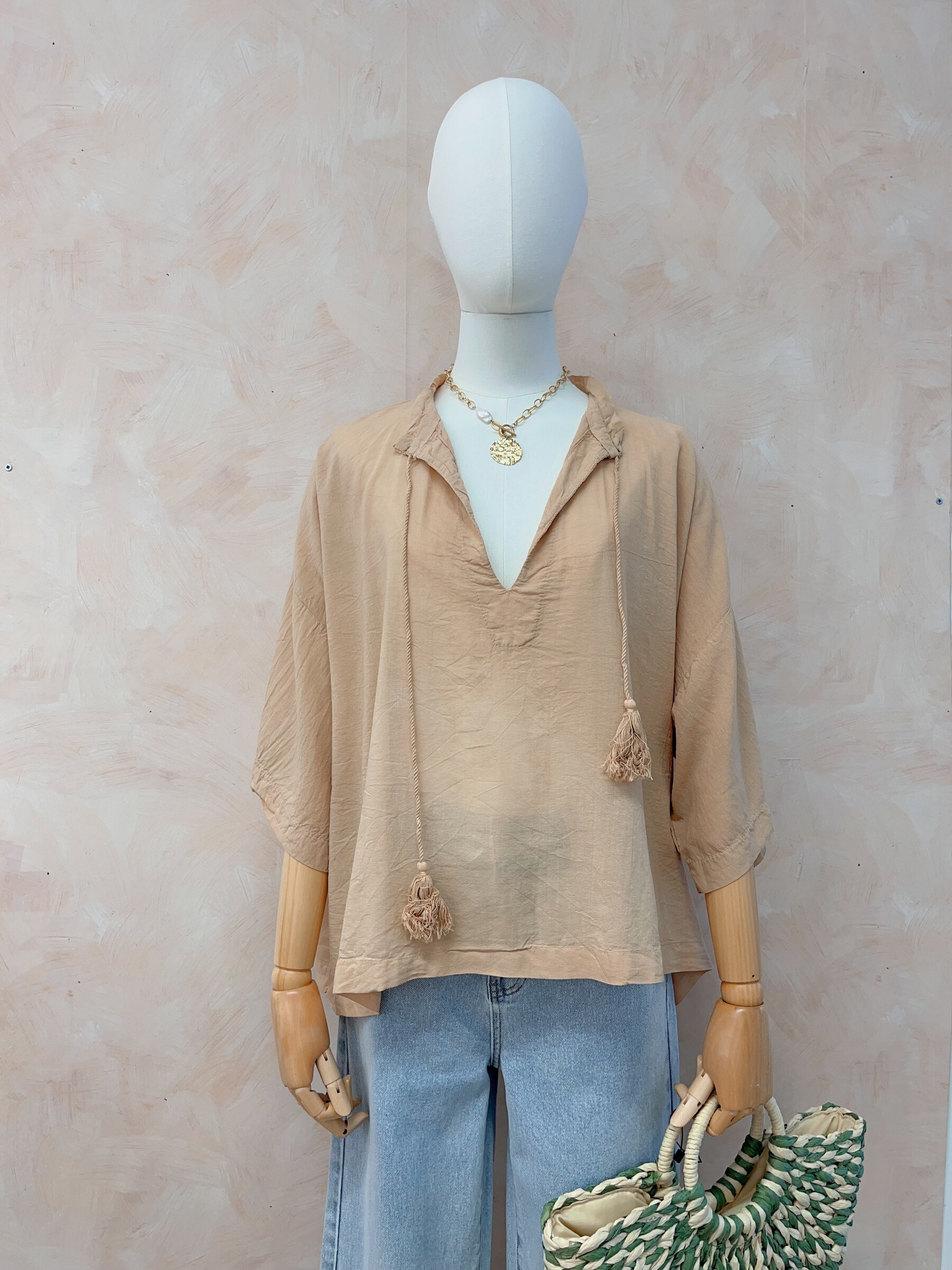 Mayorista LUMINE - Blusa de algodón viscosa v -neck