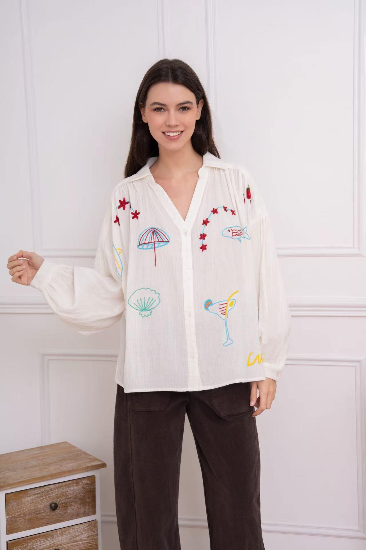Grossiste LUMINE - Chemise over size double gaz brodée