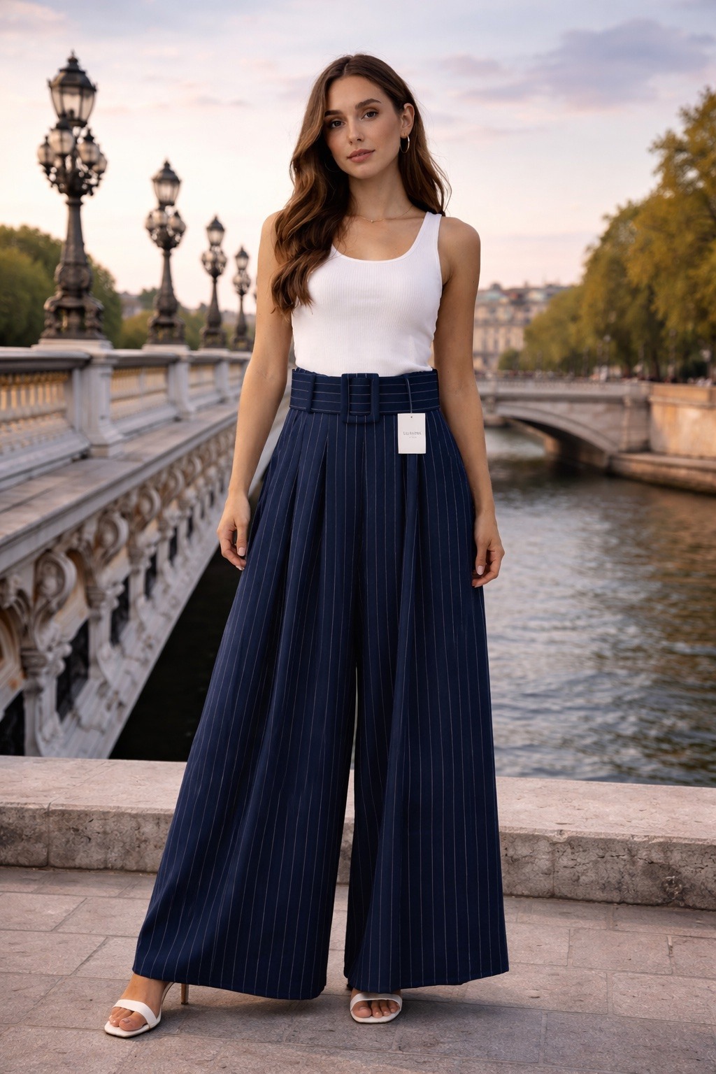 Grossiste LUMINE - Pantalon rayure large ceinture