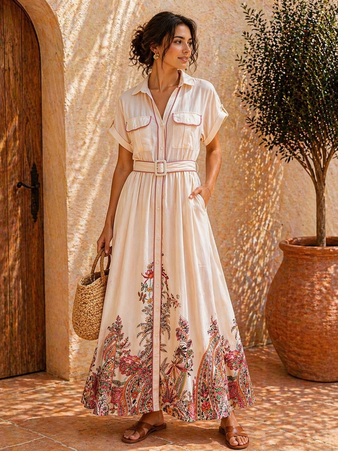 Mayorista LUMINE - Vestido camisero con cinturón y estampado