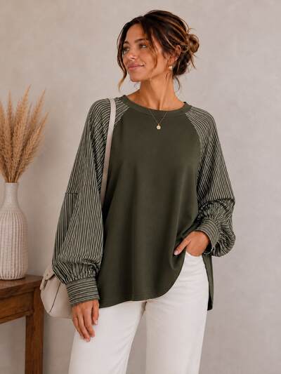 Mayorista LUMINE - Sudadera oversize de rayas de material mixto Mayorista LUMINE - Sudadera oversize de rayas de material mixto