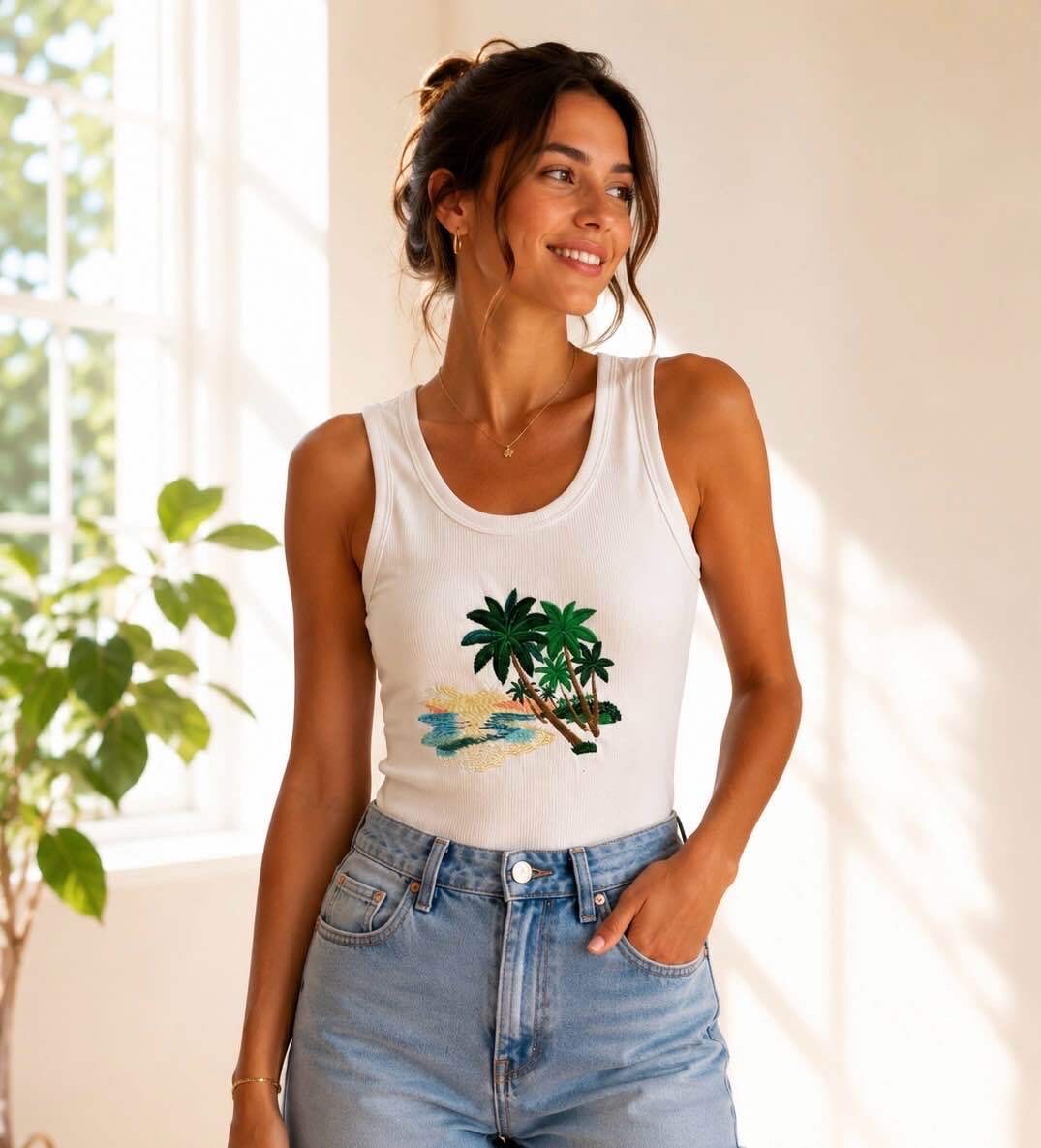 Mayorista LUMINE - Top bordado con palmeras marinas