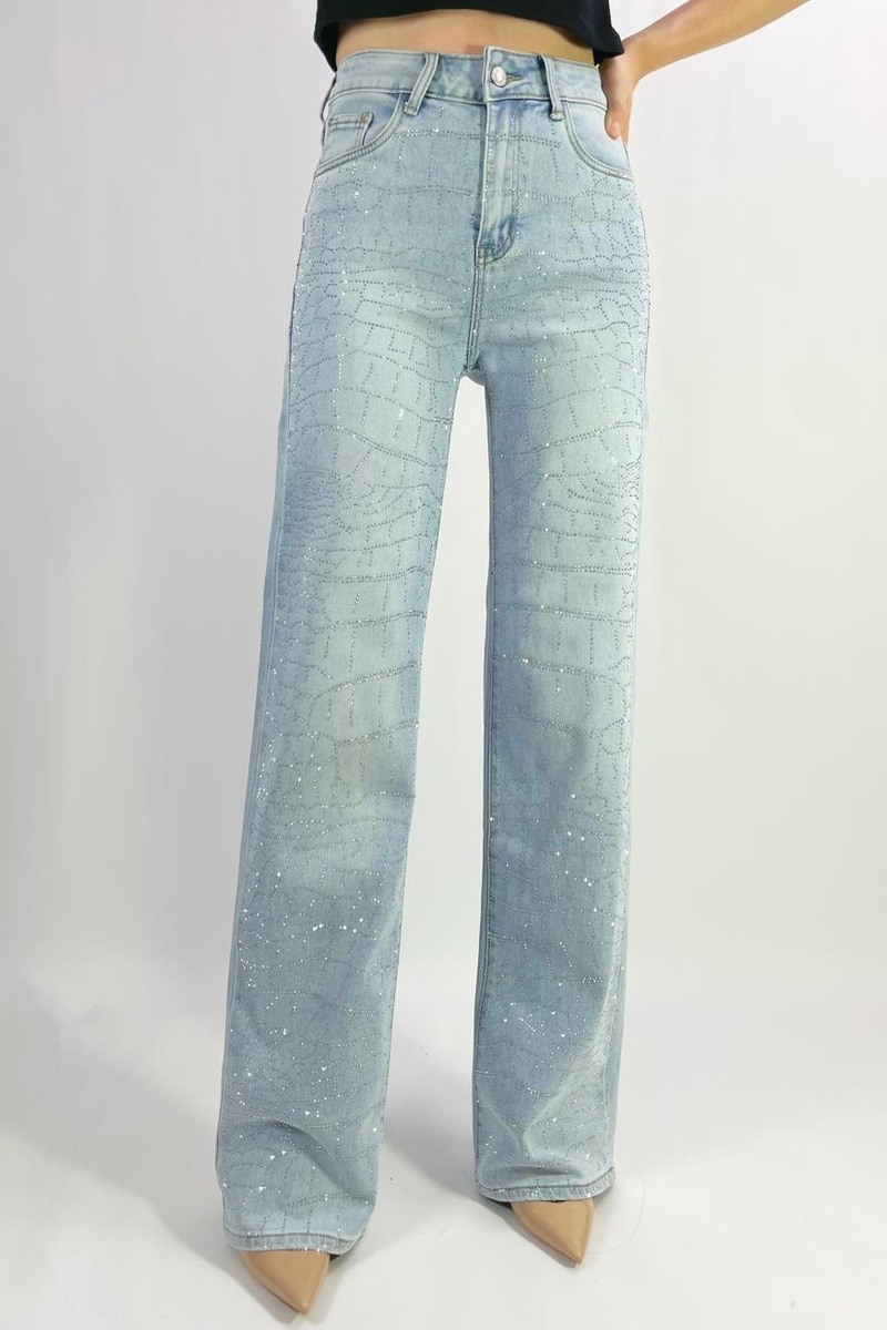 Grossista Lusa Denim - Jeans premium a gamba dritta con motivo di strass, taglie 36-46