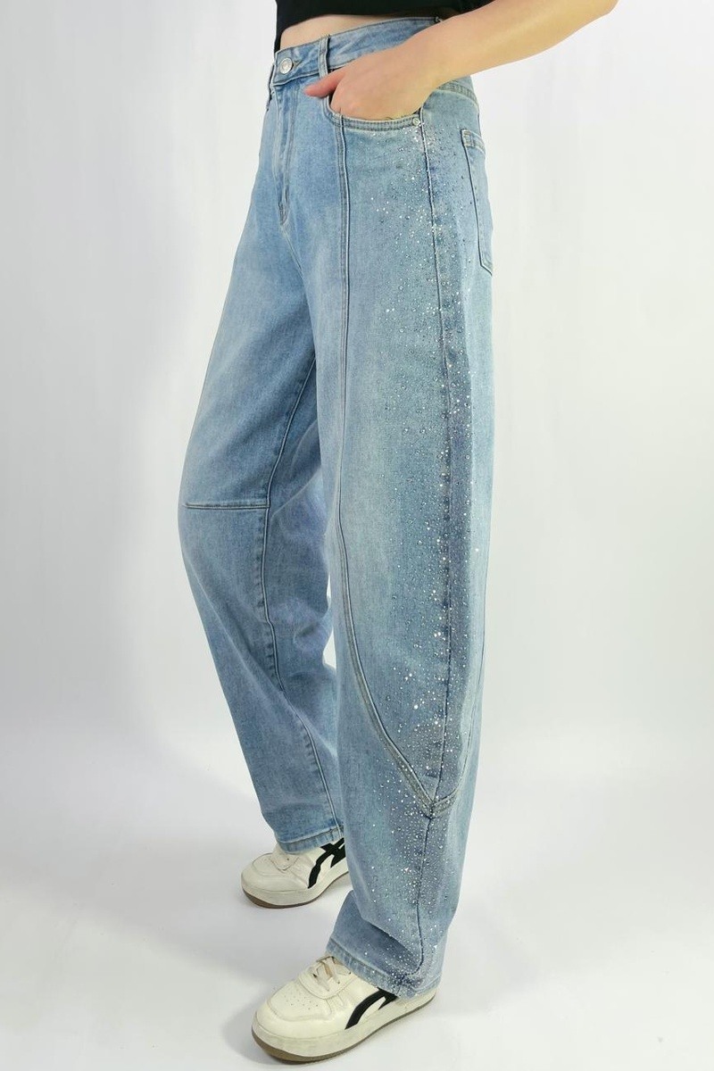 Wholesaler Lusa Denim - Large stretch faded barrel jeans with side rhinestones, sizes 36-46