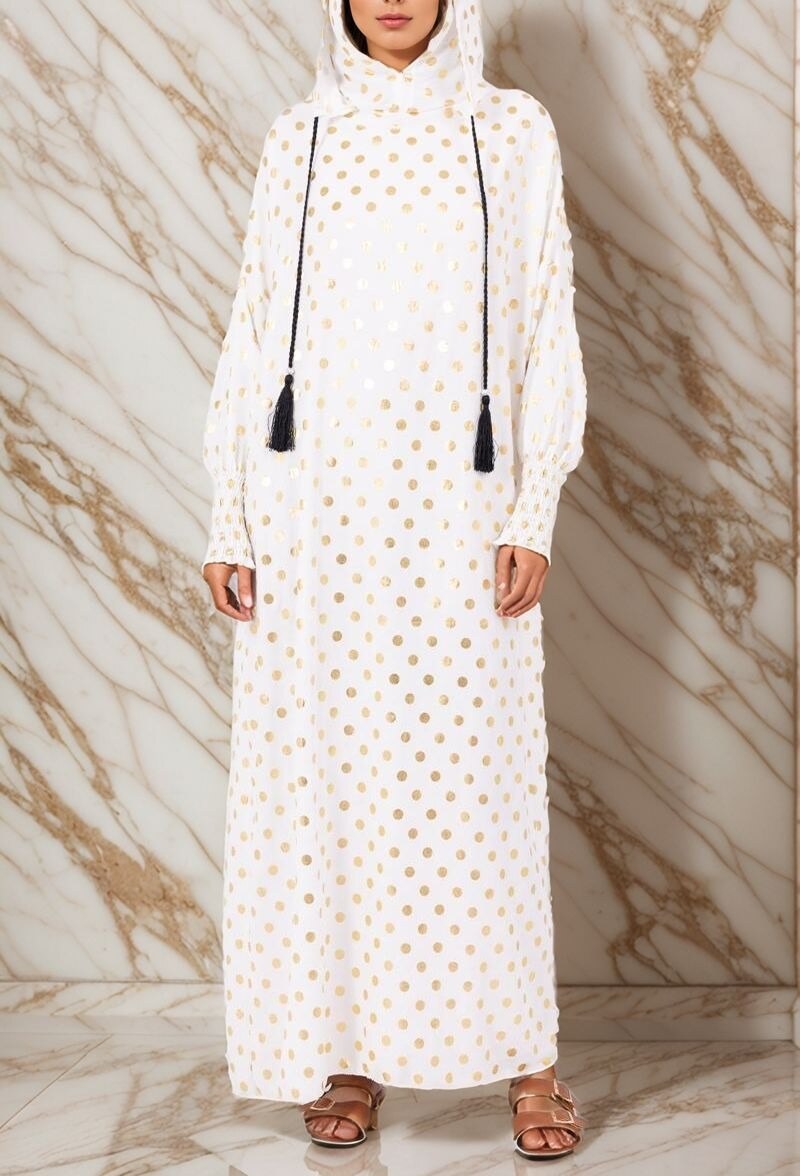 Grossiste Lusa Mode OUTLET - Robe longue uni à pois dorée avec double capuche