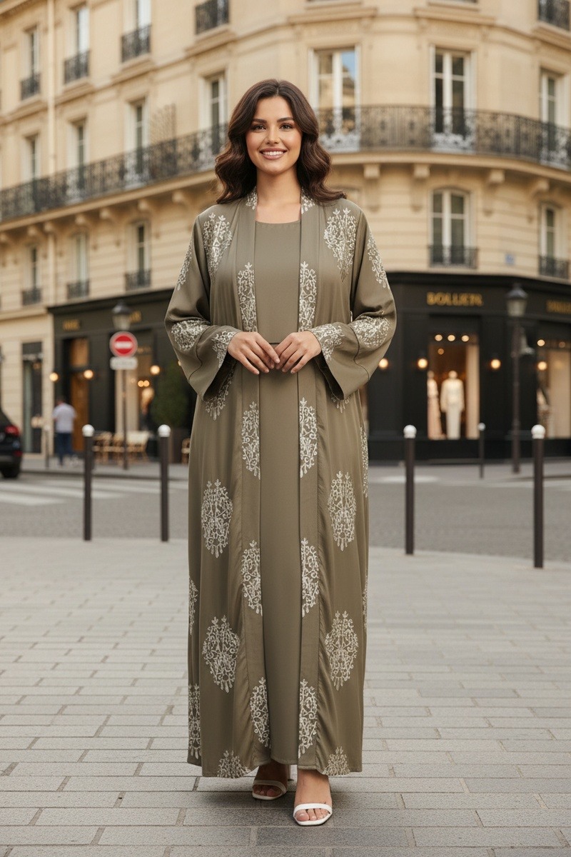 Grossiste Lusa Mode - Kimono abaya uni long à broderie fleurie avec poches tissu comme soie