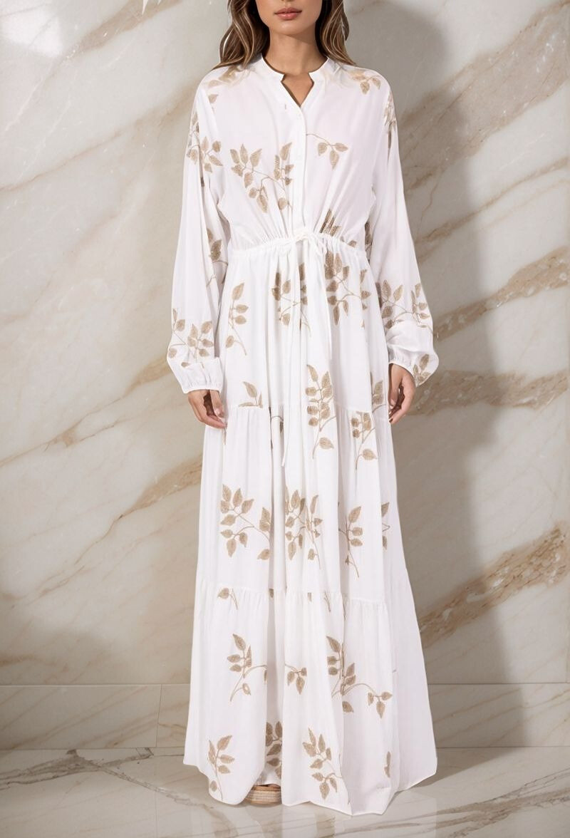 Wholesaler Lusa Mode - Plain long dress with leaf embroidery