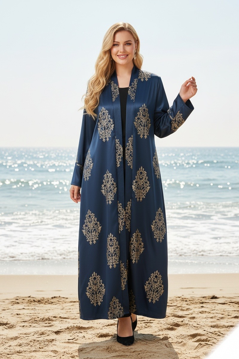 Mayorista Lusa Mode - Larga abaya tipo kimono con bordado floral y bolsillos, hecha de un tejido similar a la seda.