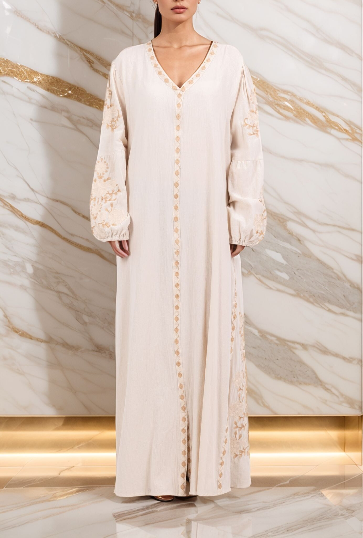 Großhändler Lusa Mode - Langes Kleid unie Stickereiblüten Stoff als Leinen