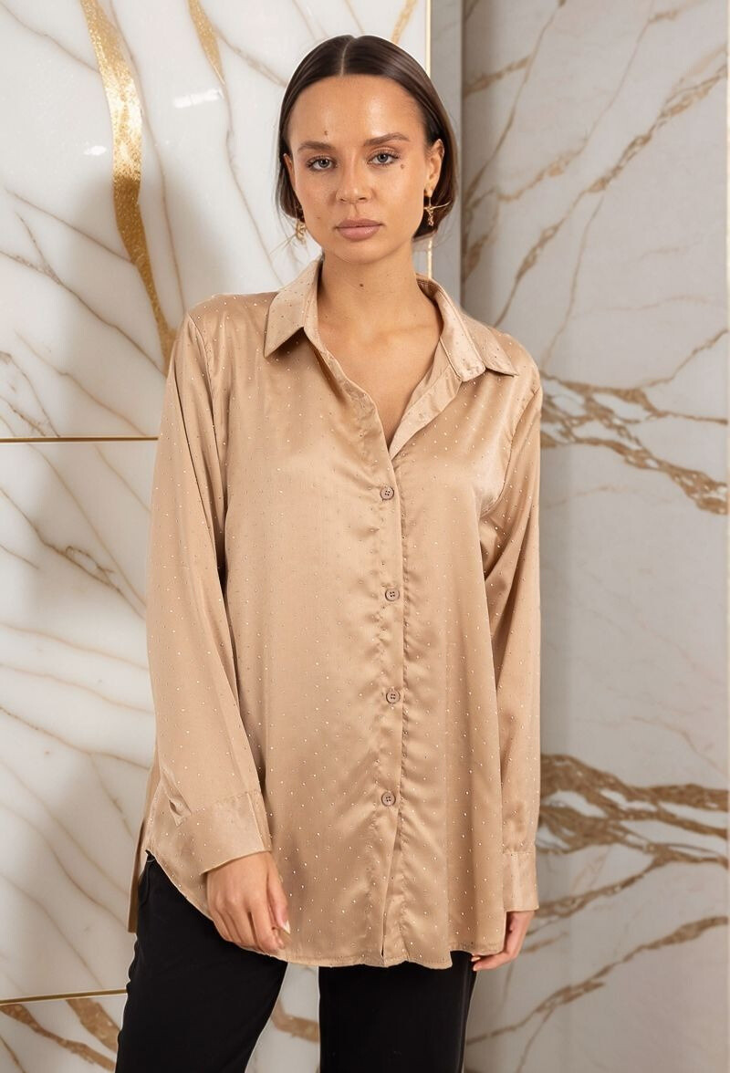 Grossiste Lusa Mode - Blouse chemise unie à diamant strass manches longues