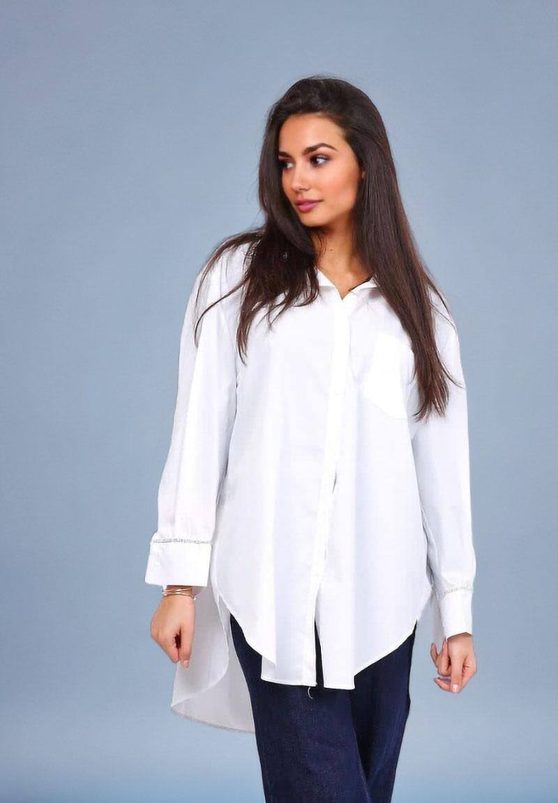 Großhändler Lusa Mode - Einfarbige Baumwollbluse mit langen Ärmeln