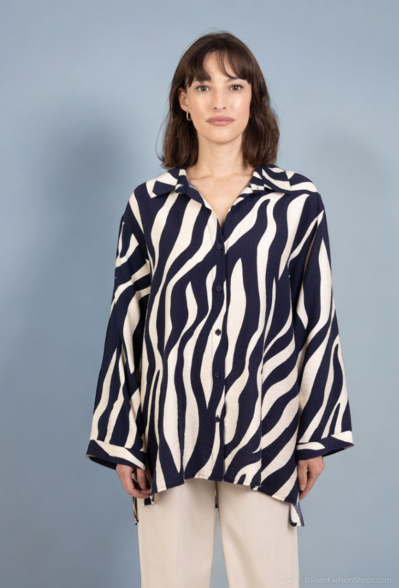 Grossista Lusa Mode - Camicia stampata a righe a maniche lunghe con tessuto simile al lino