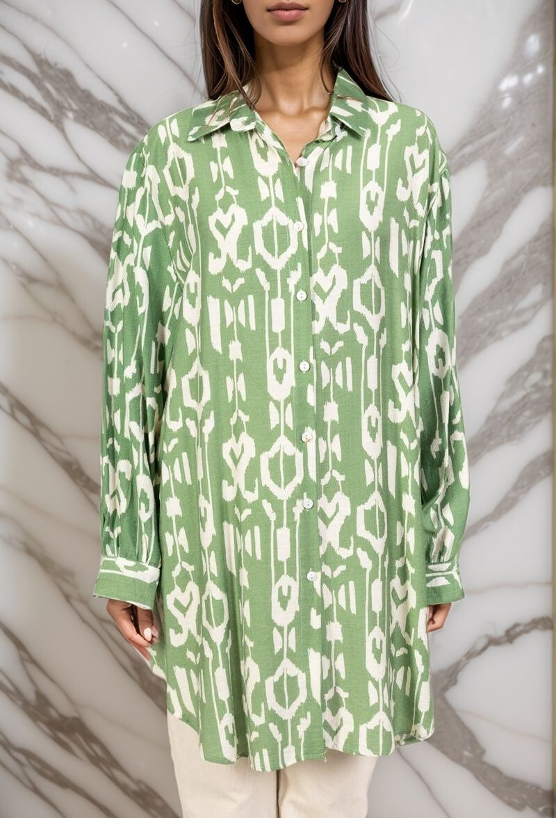 Grossista Lusa Mode - Camicia boema stampata con maniche lunghe, tessuto simile al lino