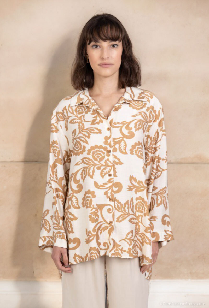 Grossista Lusa Mode - Camicia stampata floreale a maniche lunghe con tessuto simile al lino