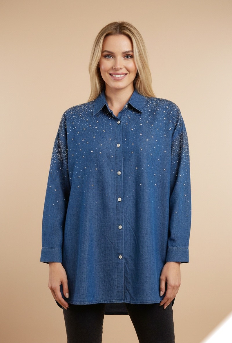 Mayorista Lusa Mode - Camisa sencilla de color denim con pedrería