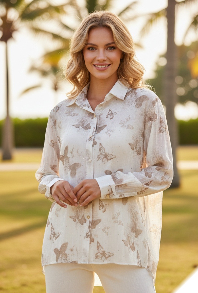 Grossiste Lusa Mode - Chemise motif papillon à strass discrets
