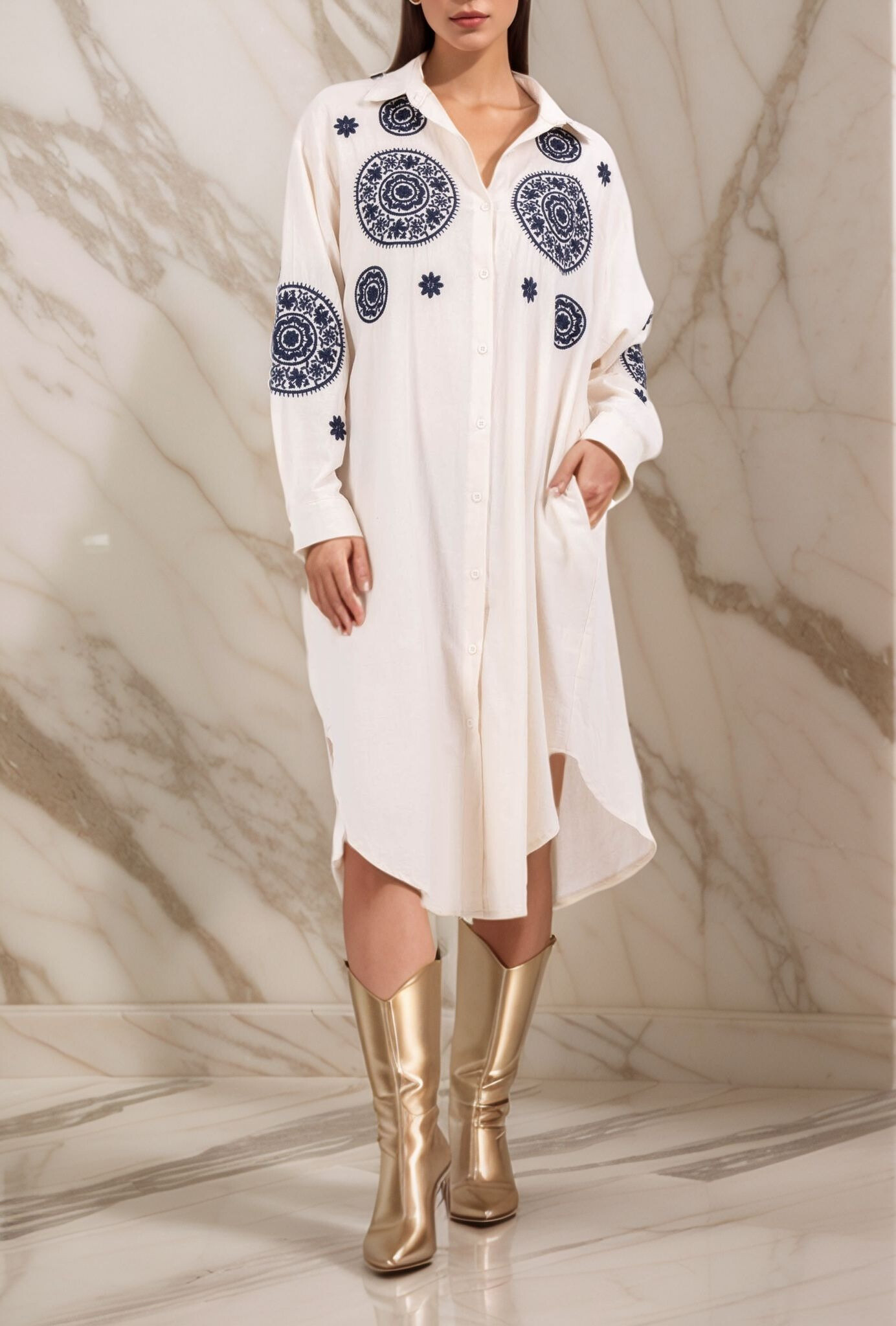 Wholesaler Lusa Mode - Long shirt geometric embroidery with pockets fabric like linen