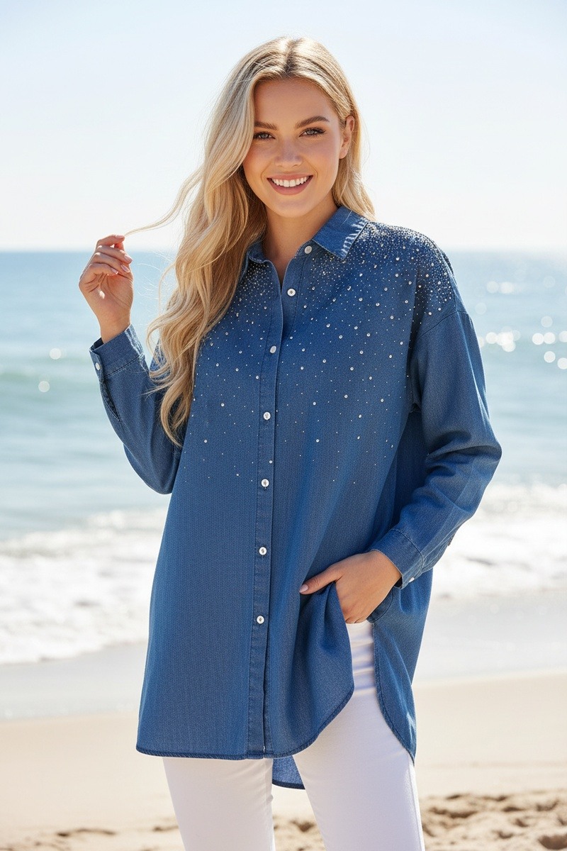 Mayorista Lusa Mode - Camisa sencilla de color denim con pedrería