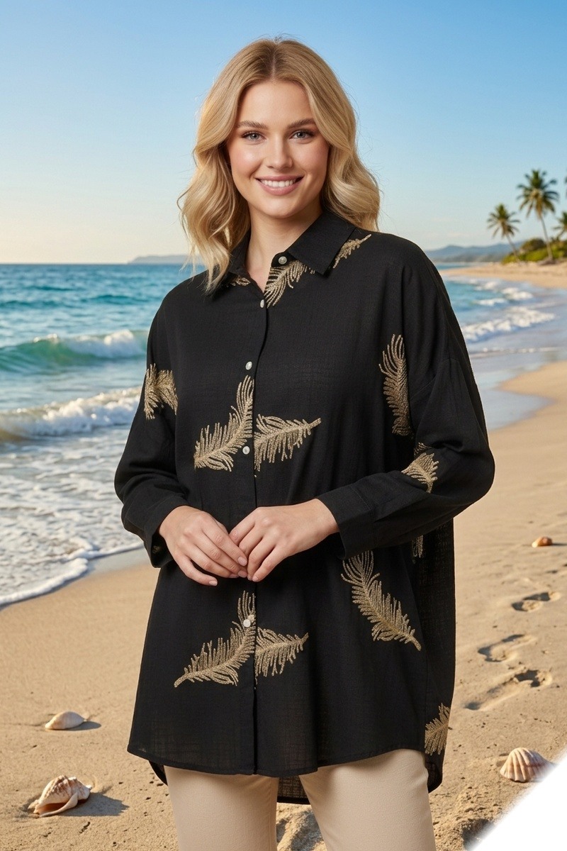 Grossista Lusa Mode - Camicia in cotone-lino tinta unita con ricamo a foglie
