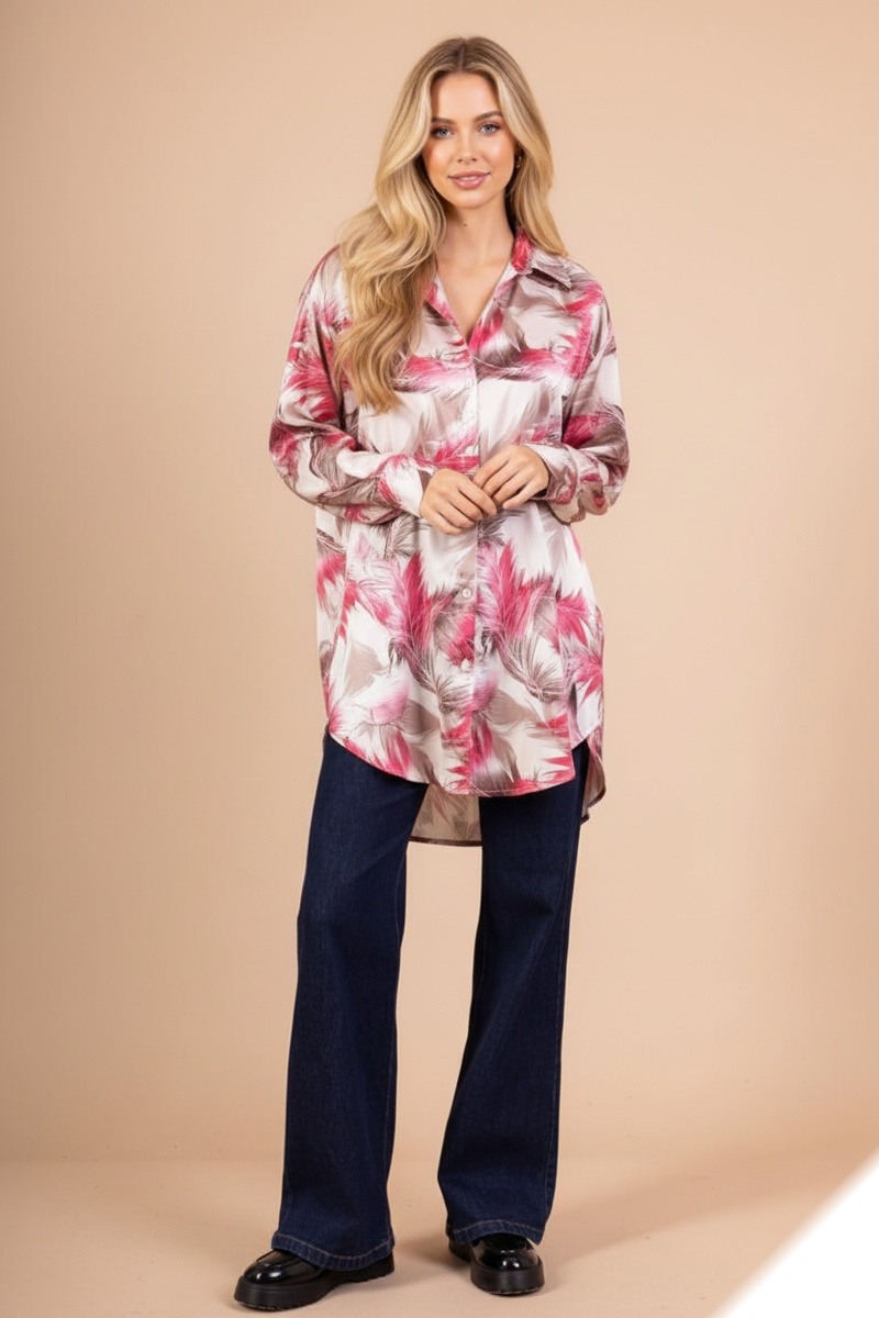 Großhändler Lusa Mode - Satinbluse mit Blumenmuster und goldenen Akzenten