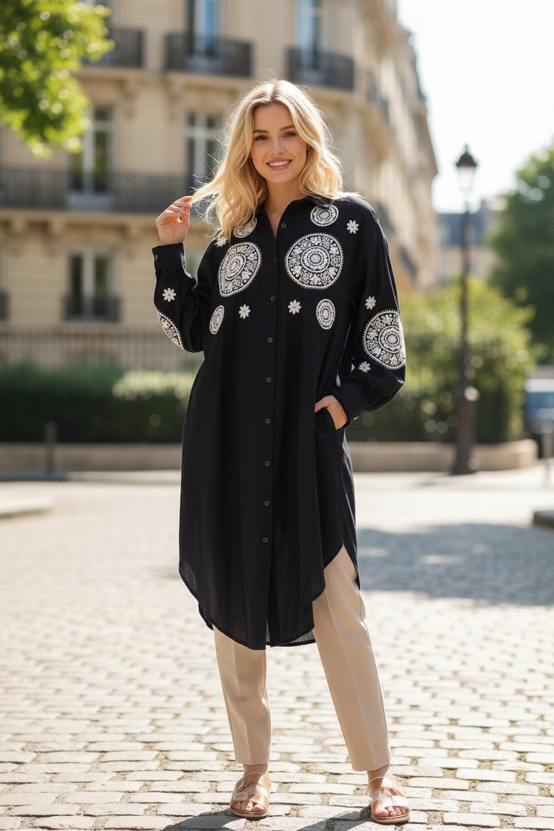 Grossiste Lusa Mode - Chemise longue broderie géométrique avec poches tissu comme lin