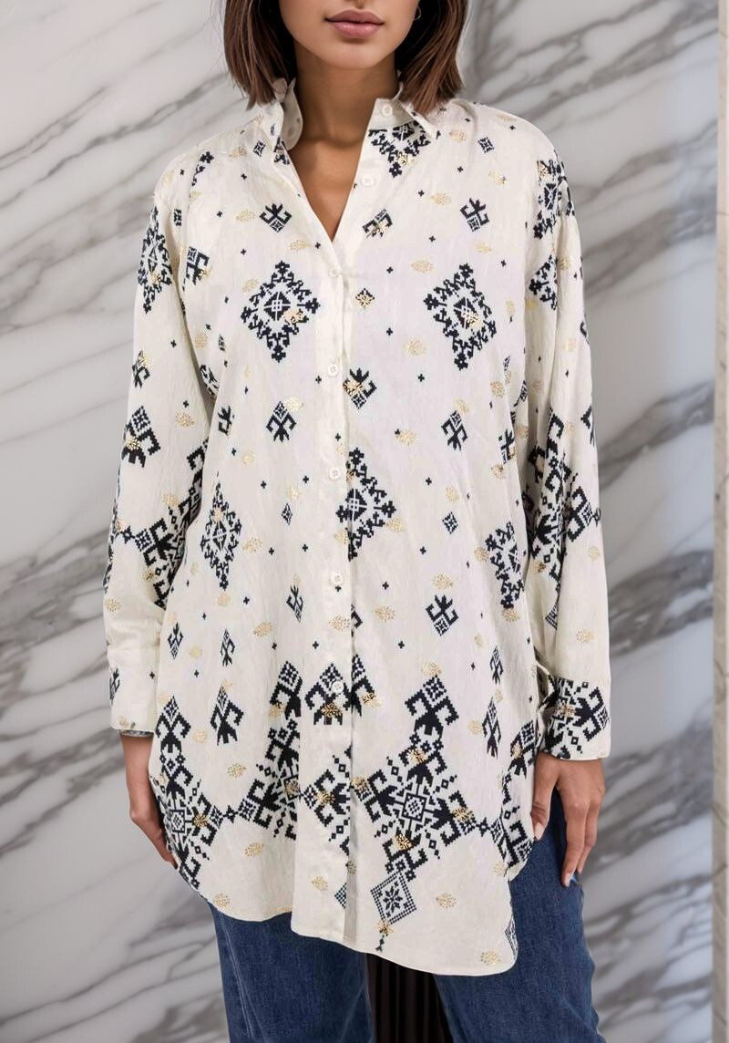 Grossista Lusa Mode - Camicia stampata geometrica con macchie dorate in tessuto di lyocell