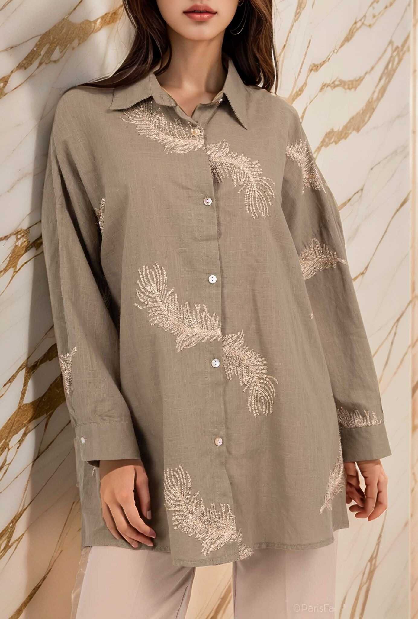 Grossiste Lusa Mode - Chemise unie en coton-lin avec broderie en feuillage