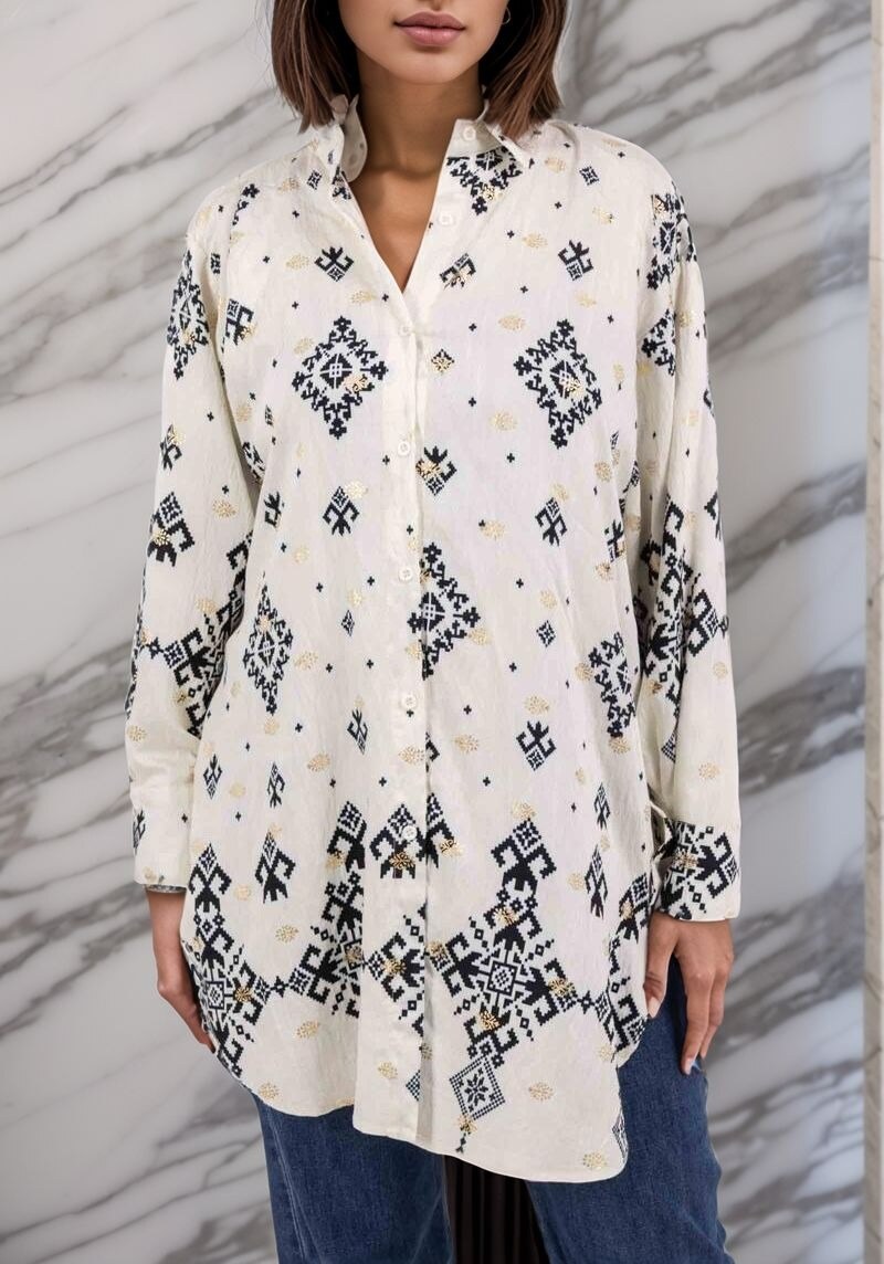 Grossista Lusa Mode - Camicia a stampa geometrica con macchie dorate in tessuto lyocell