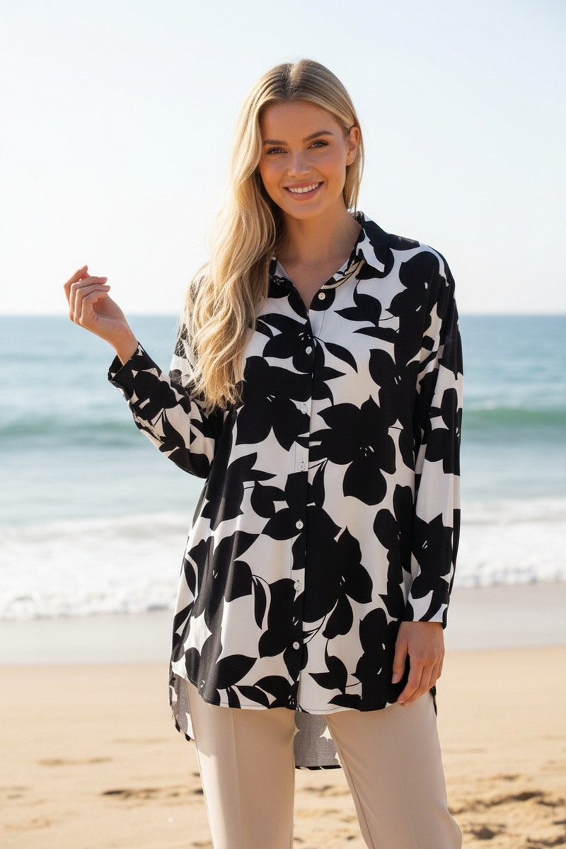 Mayorista Lusa Mode - Camisa larga Selma con estampado floral tropical
