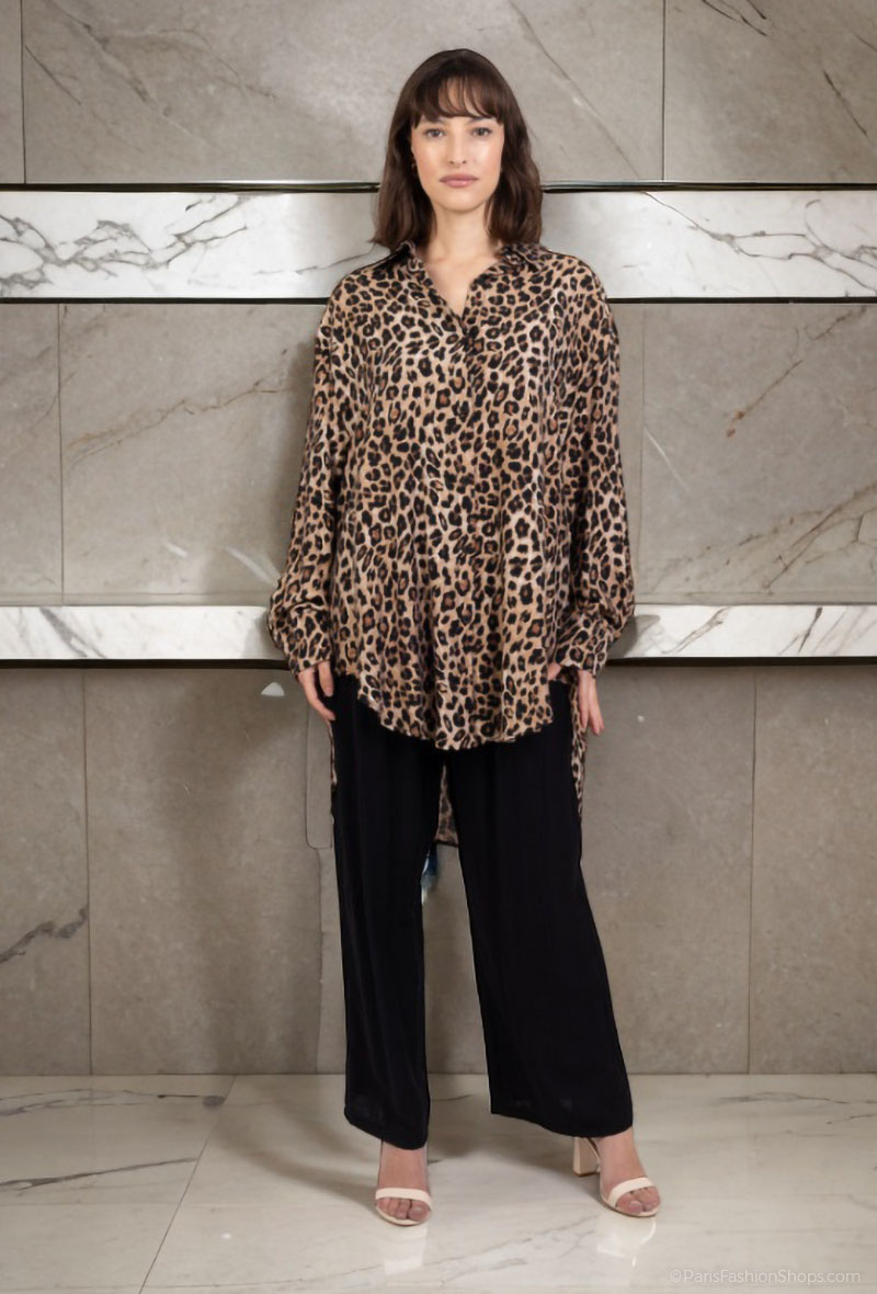 Grossista Lusa Mode - Completo camicia e pantaloni con stampa leopardata in tessuto simile al lino