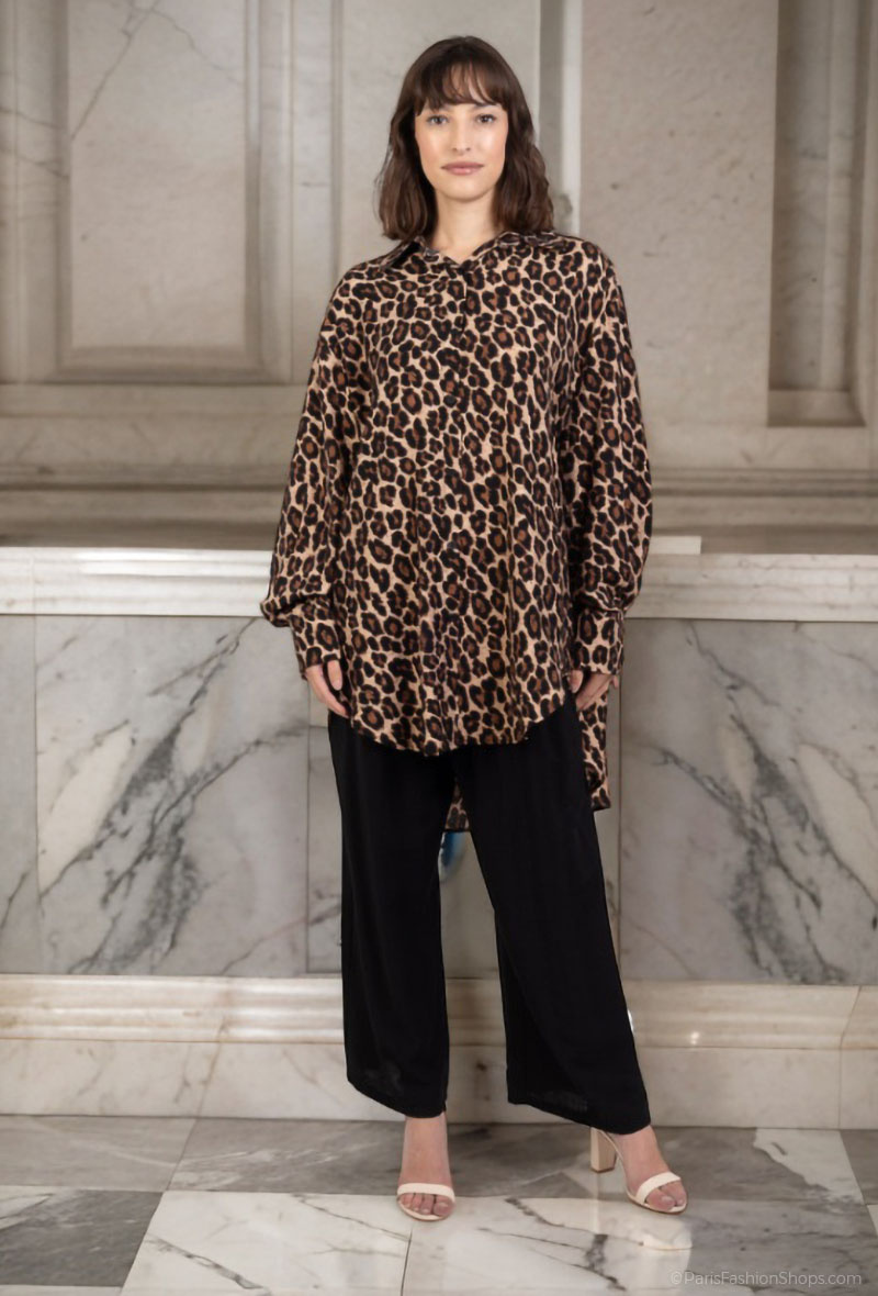 Grossista Lusa Mode - Completo camicia e pantaloni con stampa leopardata in tessuto simile al lino