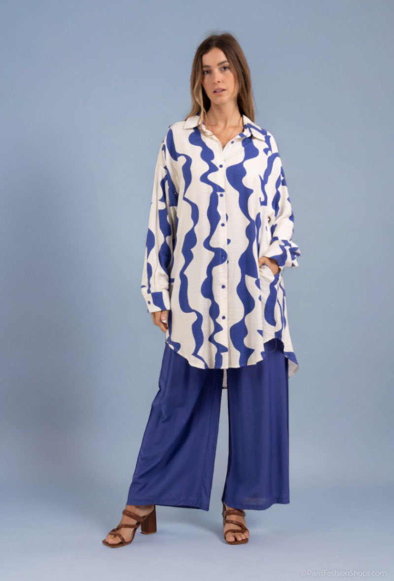 Grossiste Lusa Mode - Ensemble chemise et pantalon avec tissu similaire au lin et imprimé à rayures