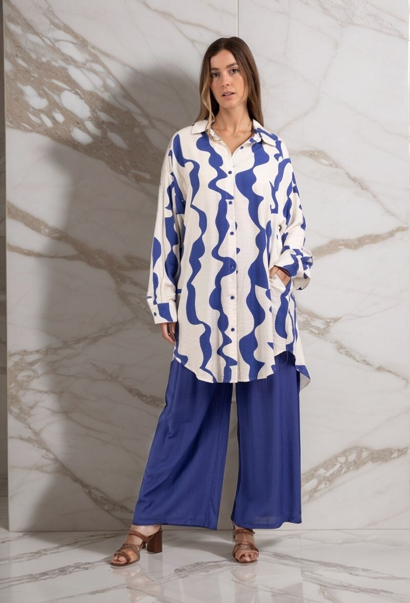 Mayorista Lusa Mode - Conjunto de camisa y pantalón con tejido efecto lino y estampado de rayas