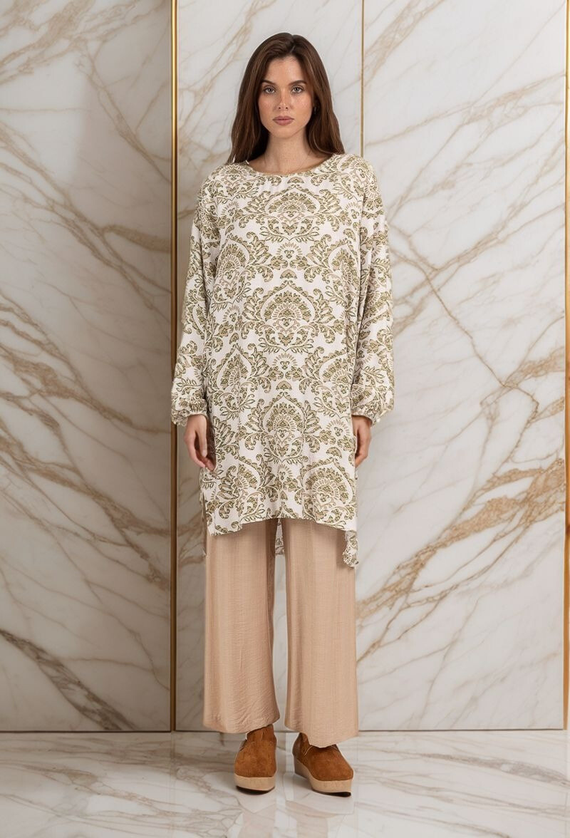 Großhändler Lusa Mode - Set aus Tunika und Hose aus leinenähnlichem Stoff und originellem Aufdruck