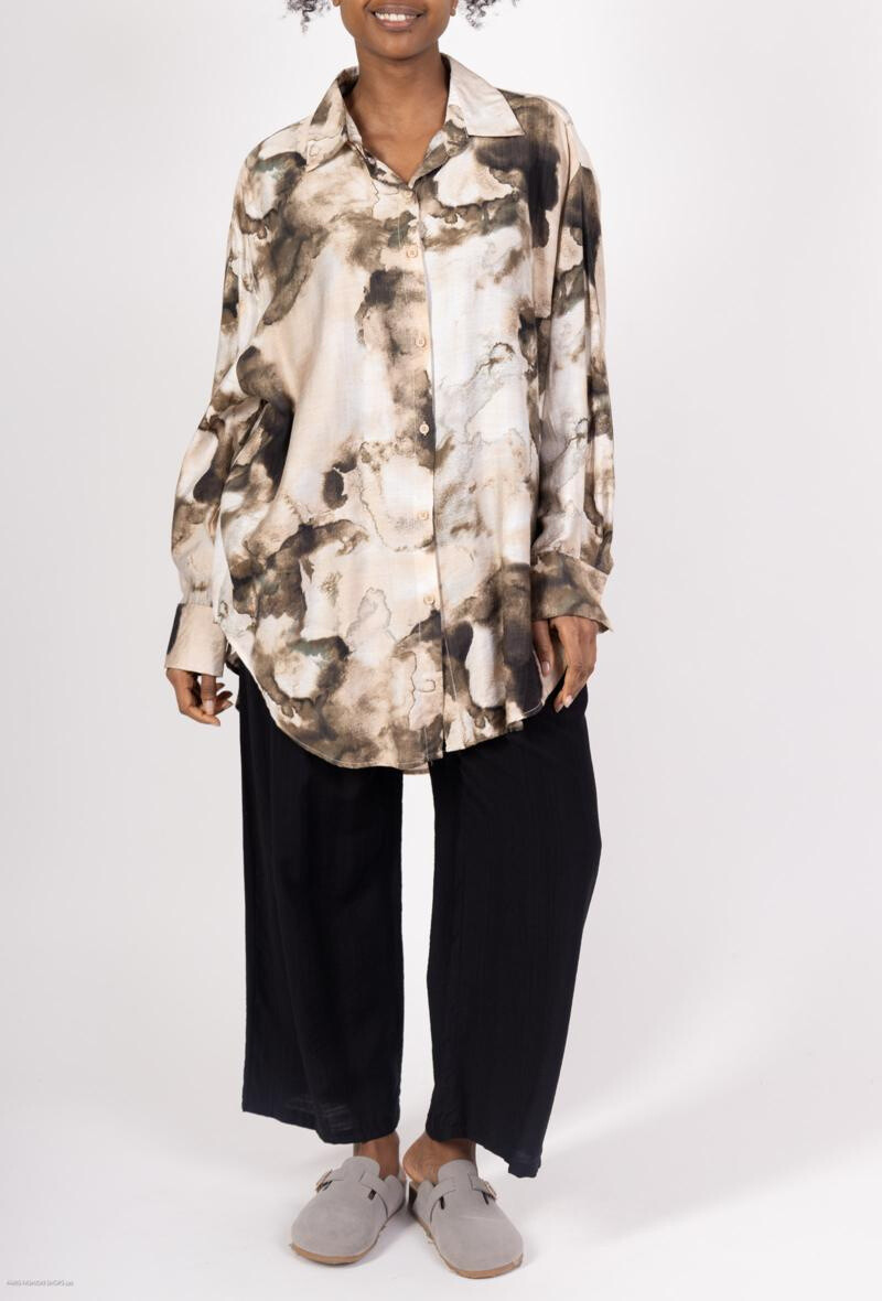 Wholesaler Lusa Mode - Shirt and pants set with linen-like fabric and abstract print