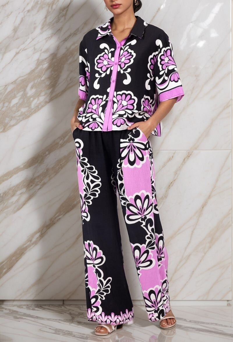 Grossiste Lusa Mode - Ensemble chemise et pantalon à poches avec imprimé géométrique