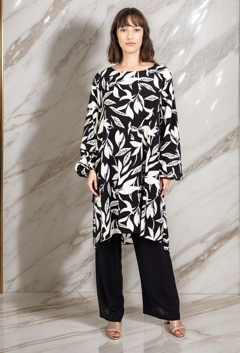 Grossiste Lusa Mode - Ensemble tunique et pantalon avec tissu similaire au lin et imprimé tropical