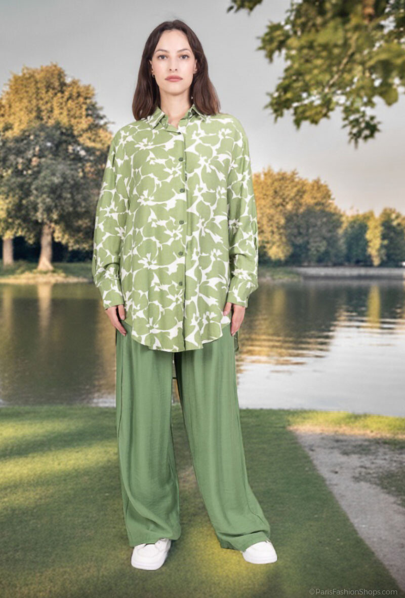 Grossista Lusa Mode - Abito da camicia e pantaloni con tessuto simile al lino e stampa floreale