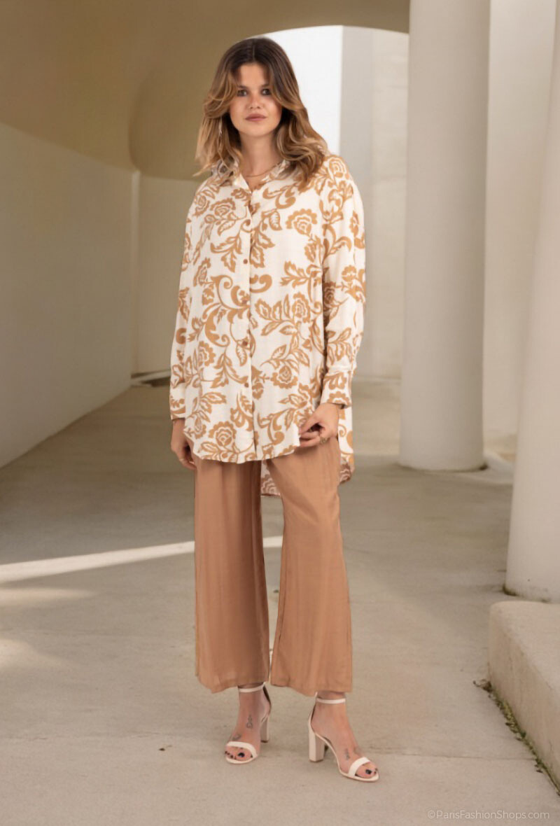Grossista Lusa Mode - Abito da camicia e pantaloni con tessuto simile al lino e stampa floreale