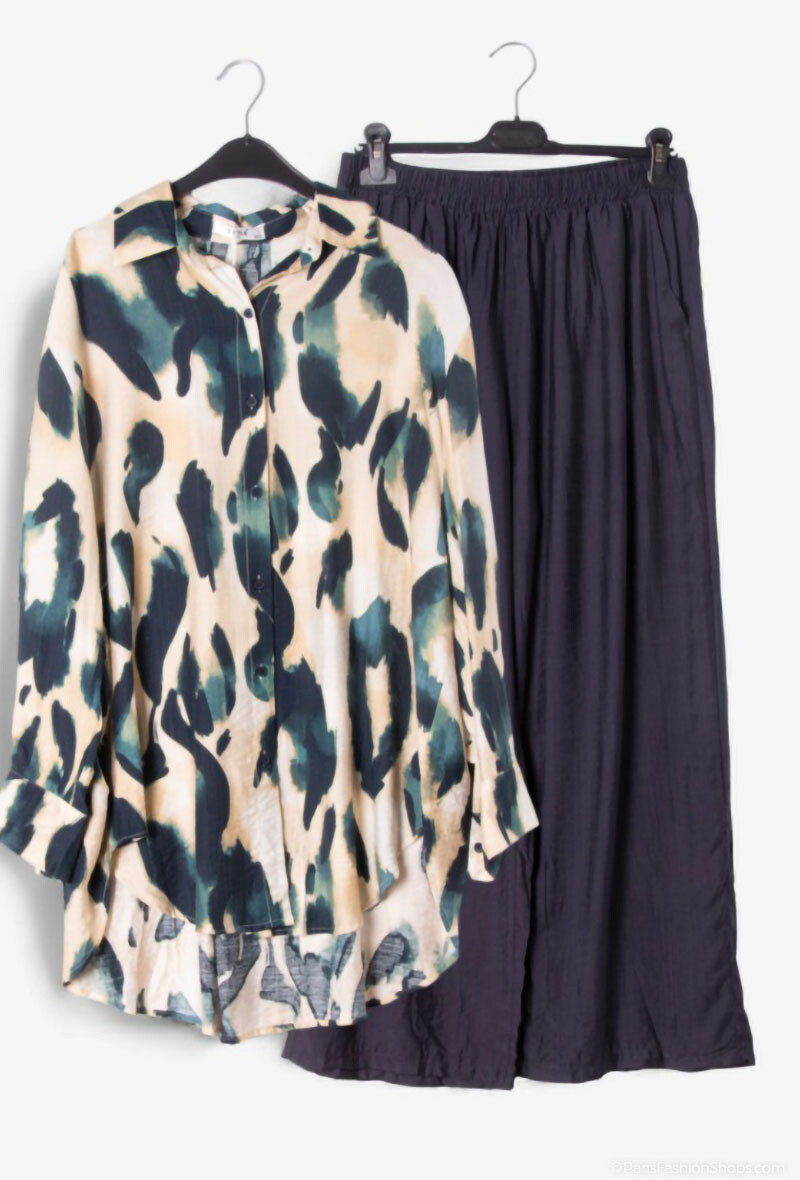 Grossiste Lusa Mode - Ensemble chemise et pantalon avec tissu similaire au lin et imprimé abstrait