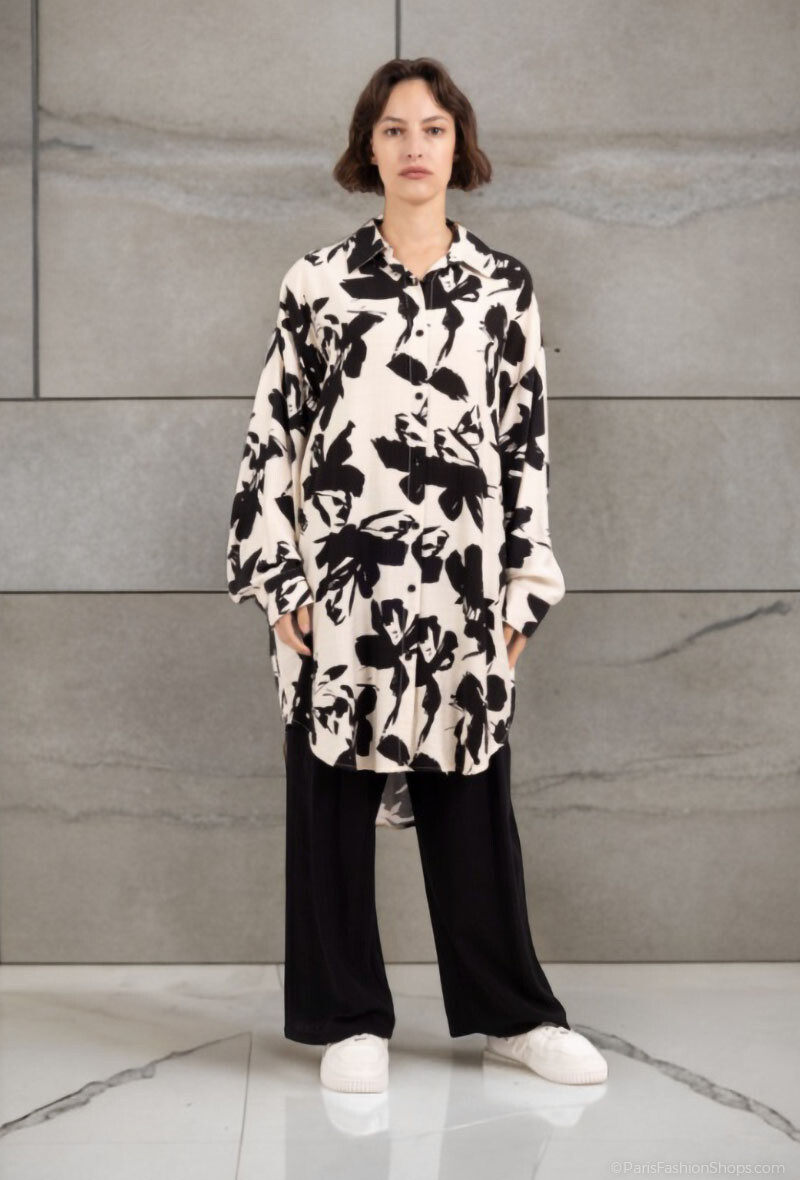 Grossiste Lusa Mode - Ensemble chemise et pantalon avec tissu similaire au lin et imprimé abstrait
